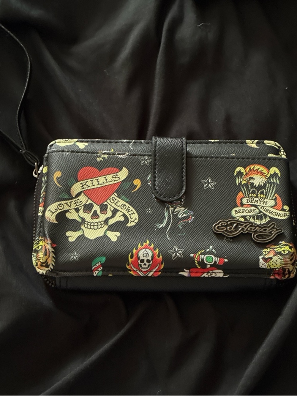 Ed Hardy Black Tattoo-Print Wristlet Wallet with Red and Yellow Accents